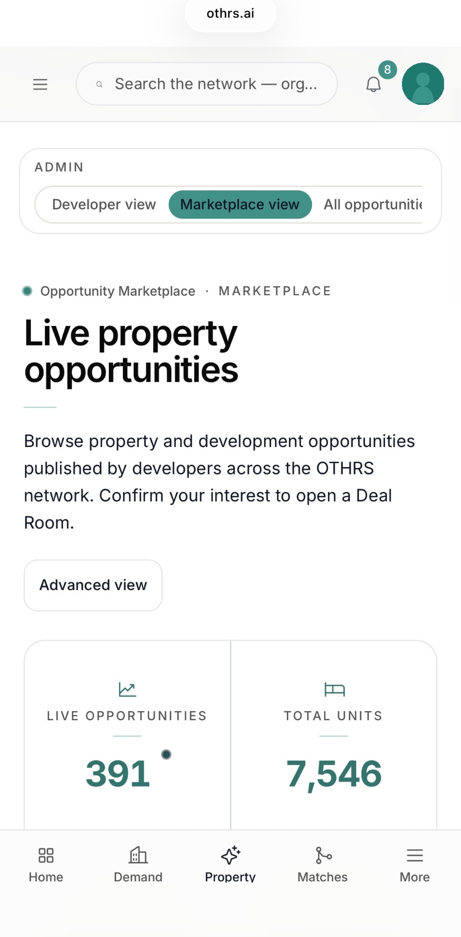 The OTHRS platform dashboard on mobile, showing live network figures and high-confidence matches