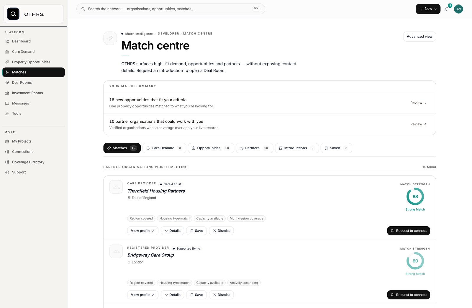 OTHRS Match Centre detail view with confidence score gauge and match reasoning